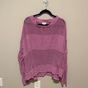 Relaxed Open-Knit Scoop Neck Sweater in Mauve Pink